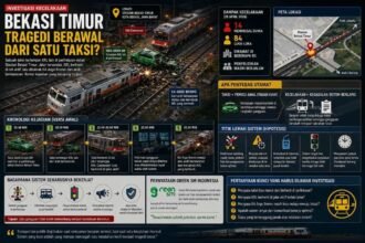 Foto : Ilustrasi kronologi kecelakaan kereta Bekasi Timur: tabrakan KRL dan KA Argo Bromo Anggrek yang diduga dipicu taksi di perlintasan rel. (Chatgpt)