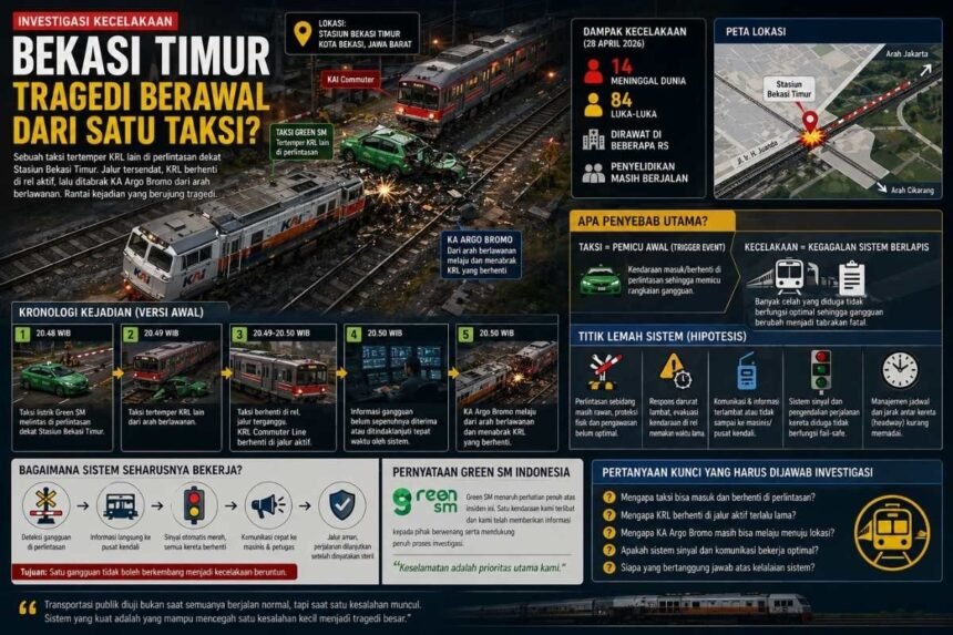 Foto : Ilustrasi kronologi kecelakaan kereta Bekasi Timur: tabrakan KRL dan KA Argo Bromo Anggrek yang diduga dipicu taksi di perlintasan rel. (Chatgpt)