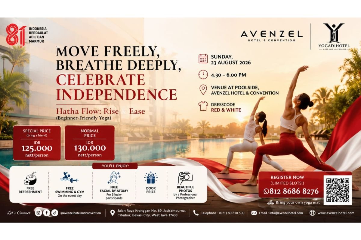 Yoga HUT RI Cibubur, Yogadihotel Avenzel Hotel Cibubur, Hatha Flow Yoga Bekasi, Event Yoga Tepi Kolam Cibubur, Yoga Beginner Friendly Bekasi 2026